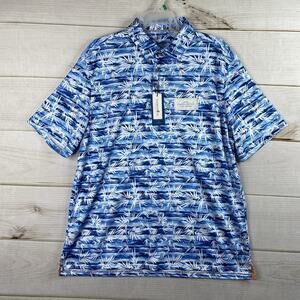 Caribbean Joe Polo Shirt Men L Blue Floral Palm Trees Golf UPF 30 Hawaiian NWT